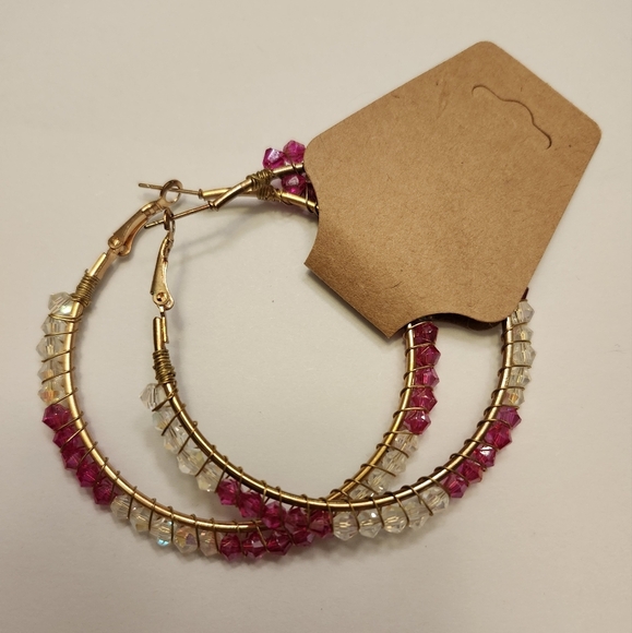 Gold hoops stainless pink/clear beads individually wire wrapped- handcrafted - Picture 3 of 5